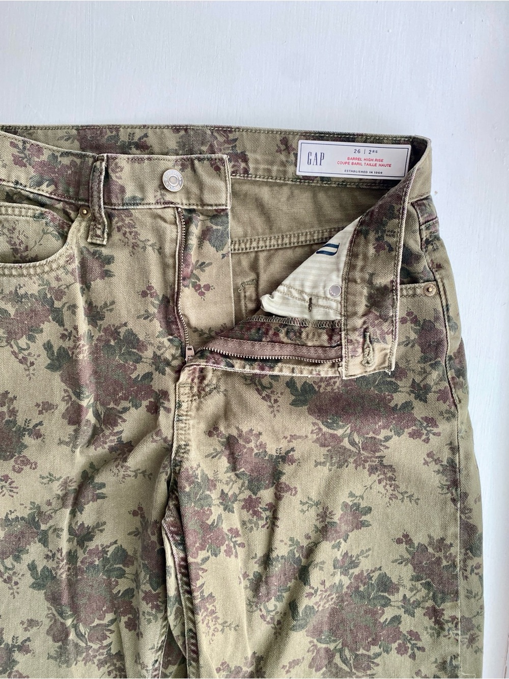 GAP Olive Floral Barrel Jeans with Muted Rose Print